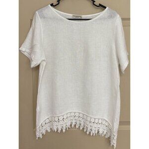Terzo Millennio White Linen Ladies Top Crochet Hemline Relaxed Sz Large